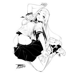 Rule 34 | 1girl, breasts, character request, dated, ejami, greyscale, long hair, looking at viewer, monochrome, shoes, signature, simple background, skirt, sneakers, solo, white background