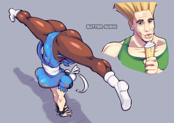 Rule 34 | 1boy, 1girl, artist name, ass, bing chilling (meme), blonde hair, blue eyes, blue leotard, bracelet, breasts, brown pantyhose, bun cover, butter sugoi, capcom, chinese clothes, chun-li, collarbone, commentary, double bun, flattop, food, green tank top, guile, hair bun, handstand, highres, holding, holding food, holding ice cream, ice cream, ice cream cone, impossible clothes, impossible leotard, jewelry, large breasts, leotard, meme, pantyhose, pelvic curtain, puffy short sleeves, puffy sleeves, short sleeves, spiked bracelet, spikes, split, street fighter, street fighter ii (series), tank top