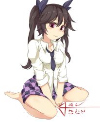Rule 34 | 1girl, ai ai gasa, ashu, barefoot, black hair, bow, braid, checkered clothes, checkered skirt, collared shirt, hair bow, himekaidou hatate, legs, long sleeves, loose necktie, necktie, open collar, pink eyes, red eyes, shirt, sitting, skirt, solo, thighs, touhou, twin braids, twintails, umbrella, untucked shirt, wariza, wavy mouth
