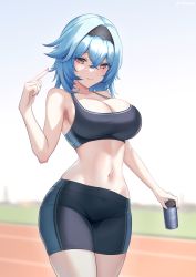 Rule 34 | 1girl, absurdres, alternate costume, bare shoulders, bike shorts, black hairband, blue hair, breasts, can, cleavage, closed mouth, collarbone, crossed bangs, drink, eula (genshin impact), genshin impact, gradient eyes, grin, hair between eyes, hairband, hand up, highres, holding, holding can, holding drink, index finger raised, large breasts, looking at viewer, medium hair, midriff, multicolored eyes, navel, outdoors, purple eyes, revision, running track, shinalpha, smile, solo, sports bra, stomach, sweat, teeth, thighs, wide hips