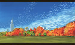 Rule 34 | absurdres, autumn, autumn leaves, blue sky, building, cloud, cloudy sky, day, field, forest, highres, letterboxed, nature, no humans, original, outdoors, sawitou mizuki, scenery, sky, skyscraper, traditional media