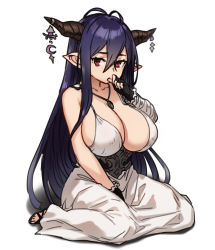Rule 34 | 1girl, antenna hair, bandaged arm, bandages, bare shoulders, black gloves, blush, breasts, cleavage, collarbone, danua, draph, dress, fingerless gloves, gloves, granblue fantasy, hair between eyes, horn ornament, horns, houtengeki, large breasts, long hair, looking at viewer, pointy ears, purple hair, red eyes, solo, thumb sucking, white dress