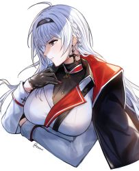 Rule 34 | 1girl, absurdres, ahoge, azur lane, black coat, black gloves, black shirt, blue eyes, braid, breast hold, breasts, closed mouth, coat, commentary, cross, cross earrings, earrings, expressionless, gloves, hairband, highres, jacket, jacket on shoulders, jewelry, large breasts, lips, long hair, mainz (azur lane), military, military uniform, shirt, side braid, silver hair, simple background, solo, symbol-only commentary, turtleneck, twitter username, uniform, usatorii, white background, white jacket