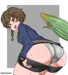 Rule 34 | 1girl, amane suzuha, ass, ass focus, ass grab, bike shorts, black shorts, blue jacket, braid, brown hair, corn, female focus, from behind, from below, grabbing, grabbing own ass, green eyes, grin, highres, huge ass, jacket, legs, looking at viewer, nahotachi, nails, naughty face, open mouth, panties, presenting, seductive smile, shiny skin, shorts, simple background, smile, solo, standing, steins;gate, sweat, sweatdrop, teeth, thick thighs, thighs, tongue, tongue out, track jacket, twin braids, underwear, white panties
