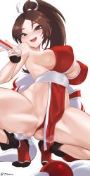 Rule 34 | 1girl, bad id, bad twitter id, black legwear, breasts, brown eyes, brown hair, cleavage, covered erect nipples, fatal fury, female focus, folded fan, folding fan, from below, g-string, gluteal fold, hair ribbon, hand fan, heavy breathing, high ponytail, highres, huge breasts, jtveemo, matching hair/eyes, ninja, parted bangs, pelvic curtain, ponytail, revealing clothes, ribbon, sash, shiranui mai, sideboob, solo, squatting, sweat, tabi, the king of fighters, thong, tiptoes