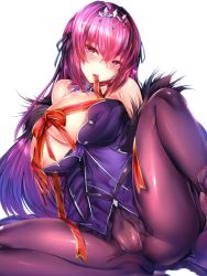 Rule 34 | 1girl, areola slip, bound, breasts, breasts out, fate/grand order, fate (series), fur trim, groin, head tilt, in mouth, large breasts, looking at viewer, pantyhose, purple eyes, purple hair, ribbon, ribbon bondage, scathach (fate), scathach skadi (fate), seductive smile, silly (marinkomoe), smile, solo, spread legs