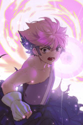 Rule 34 | 1girl, artist name, aura, clenched hands, dress, fingerless gloves, glimmer (she-ra) (princesses of power), gloves, glowing fist, lens flare, masters of the universe, oollnoxlloo, open mouth, pink hair, purple dress, purple eyes, she-ra and the princesses of power, short hair, solo, sparkle, thick eyebrows, torn clothes, torn dress, upper body, white gloves
