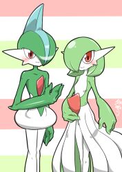 Rule 34 | 1boy, 1girl, arm at side, artist name, blue hair, blush, bob cut, closed mouth, collarbone, colored skin, creatures (company), flat chest, gallade, game freak, gardevoir, gen 3 pokemon, gen 4 pokemon, green hair, green skin, groin, hair over one eye, hand up, happy, kazamidoririnn, legs together, looking at viewer, mohawk, multicolored background, multicolored hair, multicolored skin, nintendo, one eye covered, pokemon, pokemon (creature), red eyes, short hair, signature, smile, striped background, two-tone hair, two-tone skin, white skin