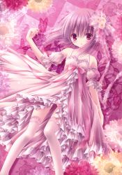 Rule 34 | 10s, 1girl, absurdres, bug, butterfly, checkered background, collarbone, detached sleeves, dress, eyebrows, flat chest, flower, hair flower, hair ornament, highres, insect, long hair, minato tomoka, pink eyes, pink hair, pink ribbon, ribbon, rou-kyuu-bu!, see-through, sleeveless, sleeveless dress, solo, thighhighs, tinker bell (pixiv 10956015), white dress, white flower, white thighhighs
