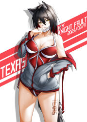 Rule 34 | 1girl, absurdres, alternate costume, animal ear fluff, arknights, artist name, bare shoulders, black hair, breasts, casual one-piece swimsuit, cleavage, collarbone, commentary request, cowboy shot, dated, grey jacket, grey theme, hand in pocket, highres, jacket, knight fault, large breasts, long hair, long sleeves, looking at viewer, mask pull, off shoulder, one-piece swimsuit, open clothes, open jacket, open mouth, orange eyes, pulled by self, red one-piece swimsuit, spot color, swimsuit, texas (arknights), tongue, tongue out, two-tone background, zipper, zipper pull tab
