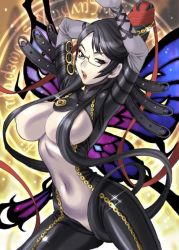 Rule 34 | artist request, bayonetta, bayonetta (series), belt, breasts, butterfly wings, glasses, insect wings, large breasts, long hair, mole, navel, wings