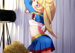 Rule 34 | 10s, 1girl, arched back, back, blonde hair, blue eyes, blue shirt, blue skirt, blush, bra, breasts, cheerleader, clothes lift, cowboy shot, crossed arms, curtains, eyelashes, hayashi keita, highres, kiratto pri chan, lifted by self, long sleeves, looking back, moegi emo, pom pom (cheerleading), pretty series, shirt, shirt lift, skirt, small breasts, solo, sports bra, sweat, twintails, underwear, undressing, white bra