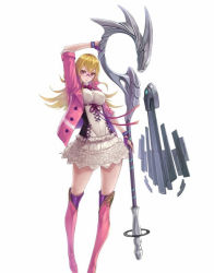 Rule 34 | 1girl, asclepius (phantom of the kill), blonde hair, boots, dress, glasses, gloves, jacket, knee boots, long hair, official art, partially fingerless gloves, phantom of the kill, pink eyes, pink footwear, simple background, solo, staff, white background