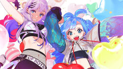 Rule 34 | 2girls, arms up, balloon, belly, black gloves, blue eyes, blue hair, breasts, candy, colorful, earrings, fishnet thighhighs, fishnets, food, gloves, grey jacket, grin, hair between eyes, hair ornament, hairclip, happy, heart balloon, highres, hololive, hololive indonesia, jacket, jewelry, jumping, kobo kanaeru, kobo kanaeru (1st costume), long hair, long sleeves, looking at viewer, medium breasts, multicolored background, multiple girls, open mouth, pako (pakosun), parted bangs, pavolia reine, pavolia reine (streetwear), purple hair, sidelocks, sleeveless, smile, thighhighs, upper body, virtual youtuber