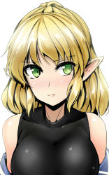 Rule 34 | 1girl, blonde hair, blush, breasts, female focus, green eyes, highres, large breasts, looking at viewer, mizuhashi parsee, pointy ears, ponytail, short hair, simple background, sketch, solo, touhou, upper body, y2