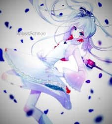 Rule 34 | 1girl, bad id, bad pixiv id, blood, blood on face, blue eyes, character name, dress, highres, holding, holding sword, holding weapon, long hair, looking at viewer, ponytail, rwby, solo, sword, weapon, weiss schnee, white hair