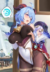 Rule 34 | 2girls, ahoge, artist request, bare shoulders, blue hair, blush, bodysuit, braid, grabbing another&#039;s breast, breasts, covered erect nipples, detached sleeves, ganyu (genshin impact), genshin impact, gloves, grabbing, hat, highres, horns, large breasts, leotard, long hair, looking back, multiple girls, nipples, ofuda, open mouth, pantyhose, pelvic curtain, purple eyes, purple hair, qiqi (genshin impact), shiny clothes, shiny skin, single braid, star-shaped pupils, star (symbol), symbol-shaped pupils, teeth, upper teeth only, very long hair, waist cape