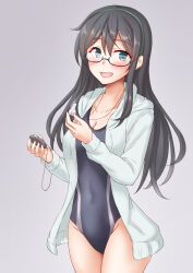 Rule 34 | 1girl, anti (untea9), aqua hairband, black hair, blue eyes, blush, breasts, cleavage, competition swimsuit, cowboy shot, glasses, gradient background, hairband, highres, jacket, kantai collection, long hair, long sleeves, looking at viewer, medium breasts, one-piece swimsuit, ooyodo (kancolle), pocket watch, semi-rimless eyewear, smile, solo, swimsuit, swimsuit under clothes, under-rim eyewear, watch, whistle, white jacket