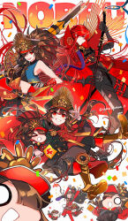 Rule 34 | 1boy, 2boys, 2girls, antique firearm, armored boots, arquebus, asymmetrical clothes, black bodysuit, black cape, black hair, bodysuit, boots, breasts, brother and sister, cape, chain, collared cape, crest, family crest, fate/grand order, fate (series), fiery hair, firearm, gloves, gun, hair between eyes, hair over one eye, hat, highres, holding, jacket, large breasts, letterman jacket, long hair, long sleeves, looking at viewer, low ponytail, medallion, military hat, mini nobu (fate), multiple boys, multiple girls, multiple persona, musket, oda kippoushi (fate), oda nobukatsu (fate), oda nobunaga (fate), oda nobunaga (koha-ace), oda nobunaga (maou avenger) (fate), oda uri, open mouth, pants, peaked cap, ponytail, popped collar, red cape, red eyes, red hair, shako cap, shirt, siblings, single sleeve, smile, solo, sword, tight top, twitter username, very long hair, weapon, yui (tamagohan)
