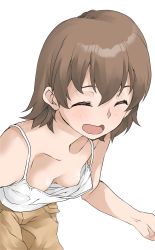 Rule 34 | 1girl, blush, breasts, brown hair, cleavage, downblouse, elf (stroll in the woods), closed eyes, facing viewer, freckles, girls und panzer, highres, leaning forward, no bra, short hair, simple background, small breasts, solo, tank top, textless version, tsuchiya (girls und panzer), white background