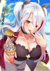 Rule 34 | 1girl, antenna hair, azur lane, beach, bikini, black bikini, black choker, black ribbon, blurry, blurry background, breasts, choker, cleavage, cross, epaulettes, eyes visible through hair, finger to mouth, hair between eyes, hair ribbon, highres, ice cream cone, iron blood (emblem), iron cross, jacket, jacket on shoulders, long hair, looking at viewer, military jacket, multicolored hair, official alternate costume, open clothes, open jacket, outdoors, prinz eugen (azur lane), prinz eugen (unfading smile) (azur lane), red hair, red jacket, ribbon, side-tie bikini bottom, solo, streaked hair, swepot, swimsuit, thigh strap, tongue, tongue out, twintails, two-tone hair, white hair