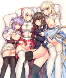 Rule 34 | 4girls, :o, arch bishop (ragnarok online), aruma jiki, ass, bar censor, bed sheet, black legwear, blonde hair, blue dress, blue eyes, blunt bangs, blush, bow, braid, breasts, breasts out, bridal garter, brown hair, cape, capelet, censored, closed mouth, clothes lift, clothes pull, covered erect nipples, cross, dress, dress lift, erection, feet out of frame, french braid, frilled legwear, frills, from above, futanari, garter straps, girl sandwich, green eyes, hair bow, hand on another&#039;s arm, hand on another&#039;s head, high priest (ragnarok online), juliet sleeves, layered sleeves, long hair, long sleeves, looking at viewer, low ponytail, lying, medium breasts, multiple girls, nipples, no bra, no panties, no testicles, on back, on side, open clothes, open mouth, pantyhose, pantyhose pull, parted lips, penis, pillow, priest (ragnarok online), puffy sleeves, purple eyes, purple hair, pussy, ragnarok online, red bow, red dress, ribbon, sandwiched, sash, see-through, side slit, silver hair, skindentation, sleeve cuffs, small breasts, smile, tareme, testicles, thighhighs, white capelet, white legwear, yellow eyes, yellow ribbon