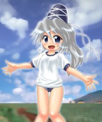 Rule 34 | 1girl, :d, blue buruma, blue eyes, blue hat, blue sky, blurry, blurry background, blush, breasts, buruma, cloud, commentary request, day, gym uniform, hair between eyes, hat, knees together feet apart, long hair, looking at viewer, mononobe no futo, open mouth, outdoors, outstretched arms, outstretched hand, ponytail, shiny skin, shirt, silver hair, sky, small breasts, smile, solo, spread arms, standing, t-shirt, tate eboshi, thigh gap, touhou, white shirt, winn