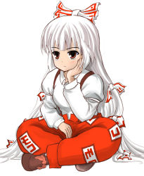 Rule 34 | 1girl, albino, bad id, bad pixiv id, baibo, bow, breasts, brown footwear, expressionless, eyebrows, female focus, footwear ribbon, fujiwara no mokou, hair bow, hand on own cheek, hand on own face, indian style, long hair, long sleeves, medium breasts, multiple hair bows, orange eyes, paipo (chickshow), pants, pink ribbon, puffy sleeves, red eyes, red pants, ribbon, shirt, shoes, sitting, solo, touhou, white background, white hair, white shirt