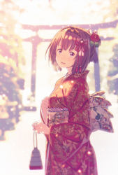 Rule 34 | 1girl, akizuki (kancolle), alternate costume, flower, from side, furisode, hair flower, hair ornament, hairband, hand on own chest, hatsumoude, head tilt, highres, japanese clothes, kantai collection, key kun, kimono, looking at viewer, new year, red kimono, smile, solo, torii, upper body