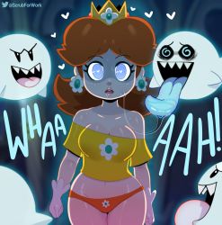 Rule 34 | 1girl, absurdres, blue eyes, boo (mario), breasts, brown hair, cleavage, ghost, heart, heart-shaped pupils, highres, hypnosis, mario (series), mind control, nintendo, panties, princess daisy, saliva, somescrub, super mario bros. 1, super mario land, symbol-shaped pupils, underwear