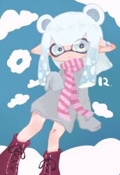 Rule 34 | 1girl, :3, animal ears, bandaid, bandaid on knee, bandaid on leg, bear ears, blue eyes, blue hair, blunt bangs, boots, cloud, cross-laced footwear, earrings, extra ears, grey sweater, harinezumisan12, highres, inkling, inkling girl, inkling player character, jewelry, lace-up boots, long hair, long shirt, looking at viewer, nintendo, pink scarf, pointy ears, scarf, sleeves past fingers, sleeves past wrists, smile, solo, splatoon (series), striped clothes, striped scarf, sweater, tentacle hair