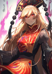 Rule 34 | 1girl, absurdres, black dress, blonde hair, commentary request, cowboy shot, dress, fire, fire, gold trim, grey background, hair between eyes, headdress, highres, ikasoba, juliet sleeves, junko (touhou), long hair, long sleeves, looking at viewer, puffy sleeves, red eyes, simple background, smile, solo, tabard, tassel, touhou, very long hair