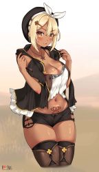 Rule 34 | 1girl, :d, alternate color, atelier (series), atelier ryza, atelier ryza 1, bad id, bad pixiv id, beret, bikini tan, black hat, black nails, blonde hair, breasts, brown eyes, brown thighhighs, camisole, cleavage, cropped legs, foxyreine, hair ornament, hairclip, hat, hat ribbon, highres, jewelry, large breasts, looking at viewer, nail polish, navel piercing, necklace, open mouth, patreon username, piercing, pubic tattoo, reisalin stout, ribbon, short shorts, short sleeves, shorts, signature, smile, solo, star (symbol), star necklace, tan, tanline, tattoo, thighhighs, v-shaped eyebrows, white ribbon