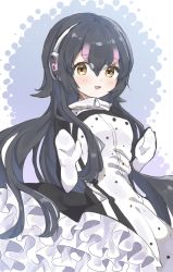 Rule 34 | 1girl, animal costume, black hair, blush, dress, frilled dress, frills, gloves, headphones, highres, humboldt penguin (kemono friends), kemono friends, long hair, looking at viewer, megumi 222, multicolored hair, open mouth, penguin costume, penguin girl, purple hair, simple background, smile, solo, yellow eyes, zipper
