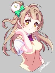 Rule 34 | 1girl, artist name, artist request, blush, bow, bowtie, breasts, brown eyes, brown hair, clenched hand, collared shirt, female focus, floating hair, green bow, grey background, grey hair, hair bow, hair rings, light brown hair, long hair, long sleeves, looking at viewer, love live!, love live! school idol project, medium breasts, minami kotori, minami kotori (bird), otonokizaka school uniform, parted lips, ponytail, red bow, school uniform, shirt, short sleeves, side ponytail, smile, solo, striped, striped bow, sweater vest, upper body, vest, white shirt, yellow eyes, yellow vest