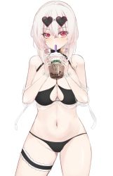 Rule 34 | 1girl, azur lane, bikini, black bikini, breasts, bubble tea, choker, chuu sei, cleavage, collarbone, commentary request, cowboy shot, cup, drinking straw, eyewear on head, frills, hair between eyes, heart, heart-shaped eyewear, highres, holding, holding cup, large breasts, looking at viewer, navel, o-ring, o-ring top, red eyes, see-through, short hair, sirius (azur lane), sirius (scorching-hot seirios) (azur lane), solo, sunglasses, swimsuit, thigh strap, white background, white hair