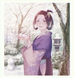 Rule 34 | 1girl, ace attorney, amemomism, bangs pinned back, bare tree, black hair, blush, border, breath, bush, day, floral print, from side, grey eyes, hair ribbon, hair rings, hakama, hakama skirt, hands up, highres, holding, japanese clothes, kimono, long sleeves, looking at viewer, open mouth, outdoors, pink kimono, purple scarf, red skirt, ribbon, scarf, short hair, skirt, smile, snow, snow rabbit, snowman, solo, standing, susato mikotoba, the great ace attorney, tree, updo, white border, wide sleeves, winter, yellow ribbon