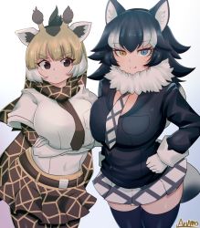 Rule 34 | 2girls, absurdres, alternate breast size, animal ears, animal print, arm at side, artist name, asymmetrical docking, belt, black eyes, black hair, blonde hair, blue eyes, bodystocking, breast press, breasts, brown hair, buttons, closed mouth, covered navel, crossed arms, fang, fang out, fur collar, giraffe ears, giraffe horns, giraffe print, gloves, grey wolf (kemono friends), hand on own hip, heterochromia, highres, horns, impossible clothes, impossible jacket, impossible shirt, jacket, kemono friends, large breasts, layered sleeves, long hair, long sleeves, looking at another, looking at viewer, looking to the side, multicolored hair, multiple girls, necktie, orange eyes, raised eyebrow, reticulated giraffe (kemono friends), ryuusui arumo, scarf, shirt, short over long sleeves, short sleeves, side-by-side, skirt, smile, tail, two-tone hair, white hair, wolf ears, wolf girl, wolf tail