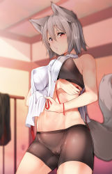 Rule 34 | 1girl, aki (akikaze asparagus), animal ear fluff, animal ears, bare arms, bare shoulders, bike shorts, blurry, blurry background, breasts, cameltoe, commentary request, covered erect nipples, cowboy shot, crop top, hair between eyes, indoors, inubashiri momiji, large breasts, lips, looking at viewer, midriff, pom pom (clothes), puckered lips, red eyes, red ribbon, ribbon, shirt, short hair, silver hair, solo, standing, tail, touhou, turtleneck, uneven eyes, white shirt, wolf ears, wolf tail