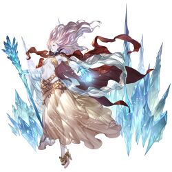 Rule 34 | 1girl, breasts, criss-cross halter, earrings, floating hair, full body, granblue fantasy, grey eyes, hair over one eye, halterneck, high heels, holding, holding staff, ice, jewelry, long hair, minaba hideo, navel, official art, snow white (granblue fantasy), solo, staff, third-party source, transparent background, white hair