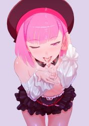 Rule 34 | 1girl, absurdres, beret, breasts, cum, cum in mouth, cum on hands, cumdrip, detached collar, detached sleeves, fate/grand order, fate (series), hat, helena blavatsky (fate), highres, mazarimon, nipples, one eye closed, open mouth, pink eyes, pink hair, short hair, skirt, small breasts, solo, tongue, tongue out