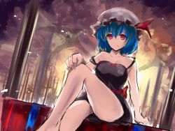 Rule 34 | 1girl, blue hair, breasts, camisole, hand on own knee, hat, looking at viewer, moruchi (rinaka moruchi), pink eyes, remilia scarlet, short hair, sitting, sketch, solo, strap slip, touhou
