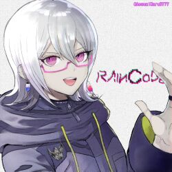 Rule 34 | 1other, :d, aosugi maru, blue coat, coat, commentary request, copyright name, earrings, glasses, hair between eyes, halara nightmare, hand up, highres, hood, hood down, hooded coat, jewelry, long sleeves, looking at viewer, master detective archives: rain code, open mouth, other focus, pink-framed eyewear, pink eyes, semi-rimless eyewear, short hair, smile, solo, twitter username, upper body, white background, white hair