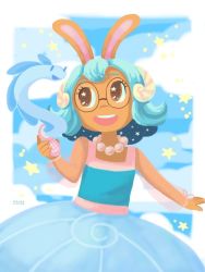Rule 34 | 1girl, :d, animal ears, artist name, blue dress, blue hair, blue sky, blue theme, border, brown eyes, buck teeth, cellphone, cloud, commentary, creature, cucumber quest, dark skin, dated, day, dress, eel, english commentary, glasses, hair ornament, jewelry, kika lala, liquus, long sleeves, looking at another, necklace, open mouth, outdoors, outside border, outstretched arm, pearl necklace, phone, pointy ears, princess nautilus, puffy long sleeves, puffy sleeves, rabbit, rabbit ears, round eyewear, see-through, see-through sleeves, short hair, sky, smile, star (symbol), star hair ornament, teeth, white border