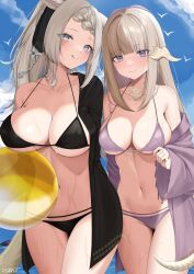 Rule 34 | 2girls, :p, absurdres, au ra, ball, beachball, bikini, bird, black bikini, black jacket, blue sky, blush, breasts, cleavage, closed mouth, cloud, collarbone, commentary request, commission, curvy, day, final fantasy, final fantasy xiv, grey eyes, hair ornament, highres, jacket, large breasts, licking lips, light brown hair, long hair, looking at viewer, medium breasts, miqo&#039;te, multiple girls, navel, ocean, outdoors, purple eyes, purple jacket, shhilee, sidelocks, skeb commission, sky, smile, standing, swimsuit, tail, tongue, tongue out, underboob, warrior of light (ff14), wet, white bird