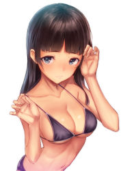 Rule 34 | 1girl, arched back, bad id, bad pixiv id, bare arms, bare shoulders, bikini, black bikini, black hair, blue eyes, blunt bangs, blush, breasts, cleavage, closed mouth, halterneck, hands up, long hair, looking at viewer, medium breasts, navel, original, pulling own clothes, ryuinu, simple background, smile, solo, stomach, strap pull, swimsuit, upper body, white background