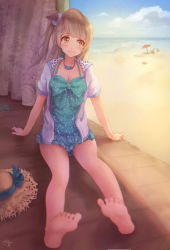 Rule 34 | 10s, 1girl, barefoot, brown eyes, brown hair, casual one-piece swimsuit, feet, jacket, jay xu, long hair, love live!, love live! school idol festival, love live! school idol project, minami kotori, one-piece swimsuit, revision, sitting, solo, swimsuit