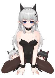 Rule 34 | &gt;:), 3girls, ^ ^, absurdres, bad id, bad pixiv id, bare shoulders, black collar, black hair, black leotard, blue eyes, blush, breasts, brown legwear, chain, chibi, cleavage, closed eyes, closed mouth, collar, collarbone, covered navel, cuffs, dokomon, fang, fang out, full body, hair ornament, highres, horns, leotard, long hair, looking at viewer, medium breasts, multiple girls, no shoes, original, pantyhose, pointy ears, red eyes, silver hair, simple background, smile, strapless, strapless leotard, v-shaped eyebrows, white background