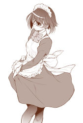 Rule 34 | 10s, 1girl, alternate costume, apron, blush, bow, bowtie, breasts, brown theme, closed mouth, cyclops, dress, enmaided, eyebrows, frilled apron, frills, from above, juliet sleeves, kouda tomohiro, long sleeves, maid, maid apron, maid headdress, manako, monochrome, monster girl, monster musume no iru nichijou, one-eyed, pantyhose, puffy long sleeves, puffy sleeves, sketch, skirt hold, smile, solo