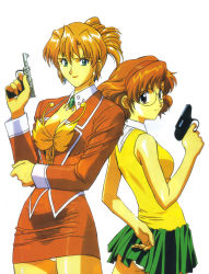 Rule 34 | 1990s (style), 2girls, absurdres, agent aika, aida rion, aika (series), aqua eyes, arm up, back-to-back, bare arms, bare shoulders, blonde hair, blue eyes, breasts, brooch, brown eyes, brown hair, bustier, cleavage, closed mouth, collar, cropped legs, detached collar, earrings, finger on trigger, fingernails, folded ponytail, glasses, green skirt, gun, hair between eyes, hairband, highres, holding, holding gun, holding weapon, jacket, jewelry, light smile, lipstick, long hair, long sleeves, looking at viewer, looking back, makeup, medium breasts, miniskirt, multiple girls, official art, panties, pantyshot, pencil skirt, photoshop (medium), red jacket, red lips, red skirt, retro artstyle, shirt, short hair, simple background, skirt, sleeveless, standing, sumeragi aika, underwear, v-shaped eyebrows, vest, weapon, white background, white collar, white panties, white shirt, yamauchi noriyasu, yellow bustier, yellow vest